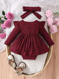 Children's Heart Print Ruffle Trim Bodysuit Dress with Headband - Trendsi - Flyclothing LLC