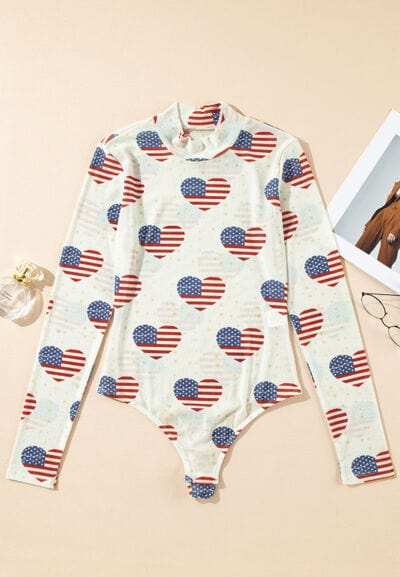 US Flag Heart Mock Neck Long Sleeve Bodysuit - Trendsi - Flyclothing LLC