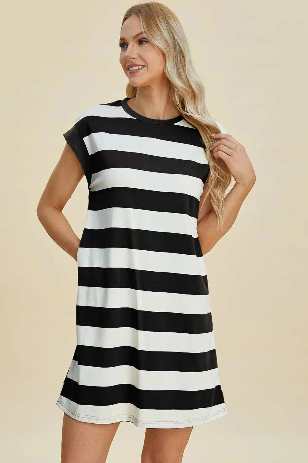 Basic Bae Full Size Striped Round Neck Cap Sleeve Mini Dress - Trendsi - Flyclothing LLC