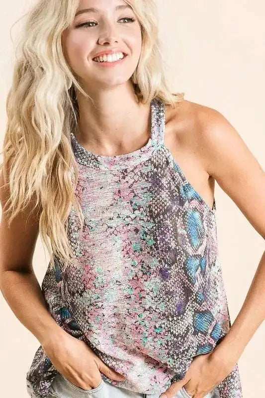 BiBi Snakeskin Print Low Gauge Hacci Knit Halter - Trendsi - Flyclothing LLC