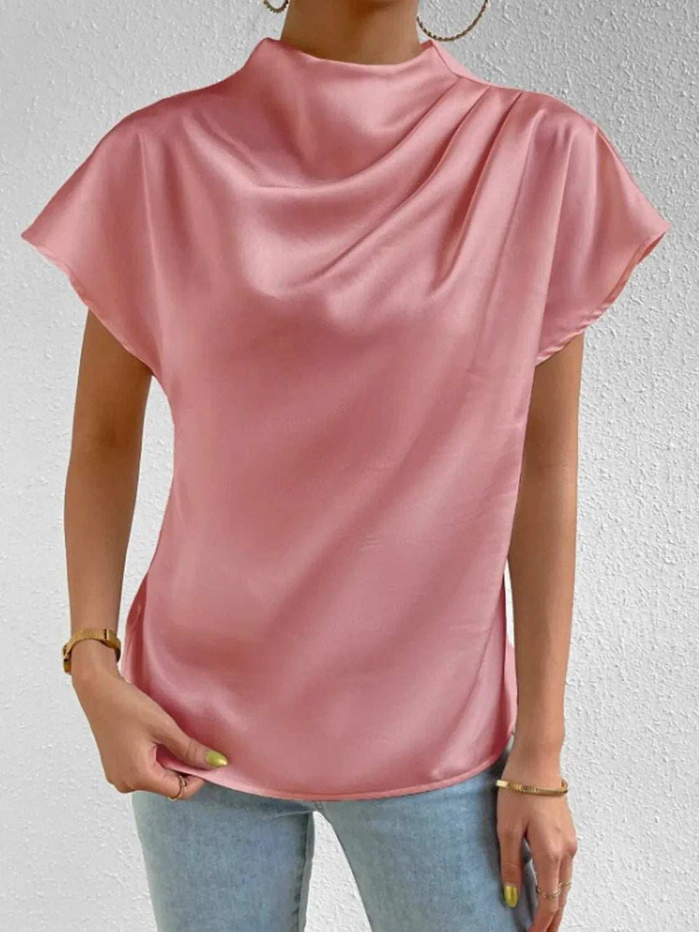 Mock Neck Short Sleeve Blouse - Trendsi - Flyclothing LLC