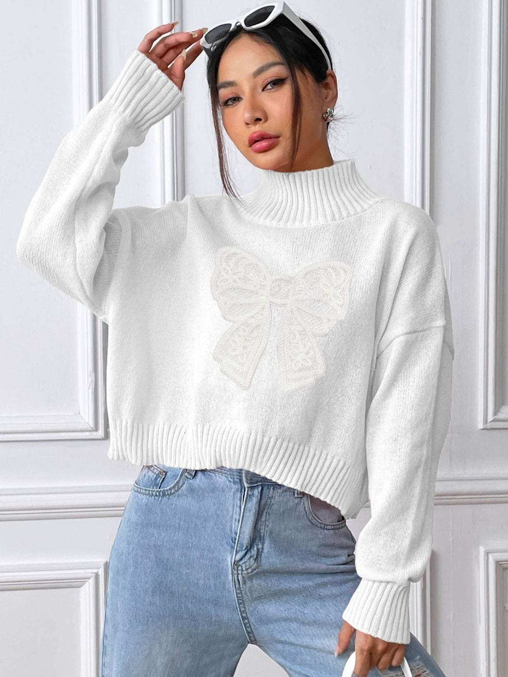 Bow Turtleneck Long Sleeve Sweater - Trendsi - Flyclothing LLC
