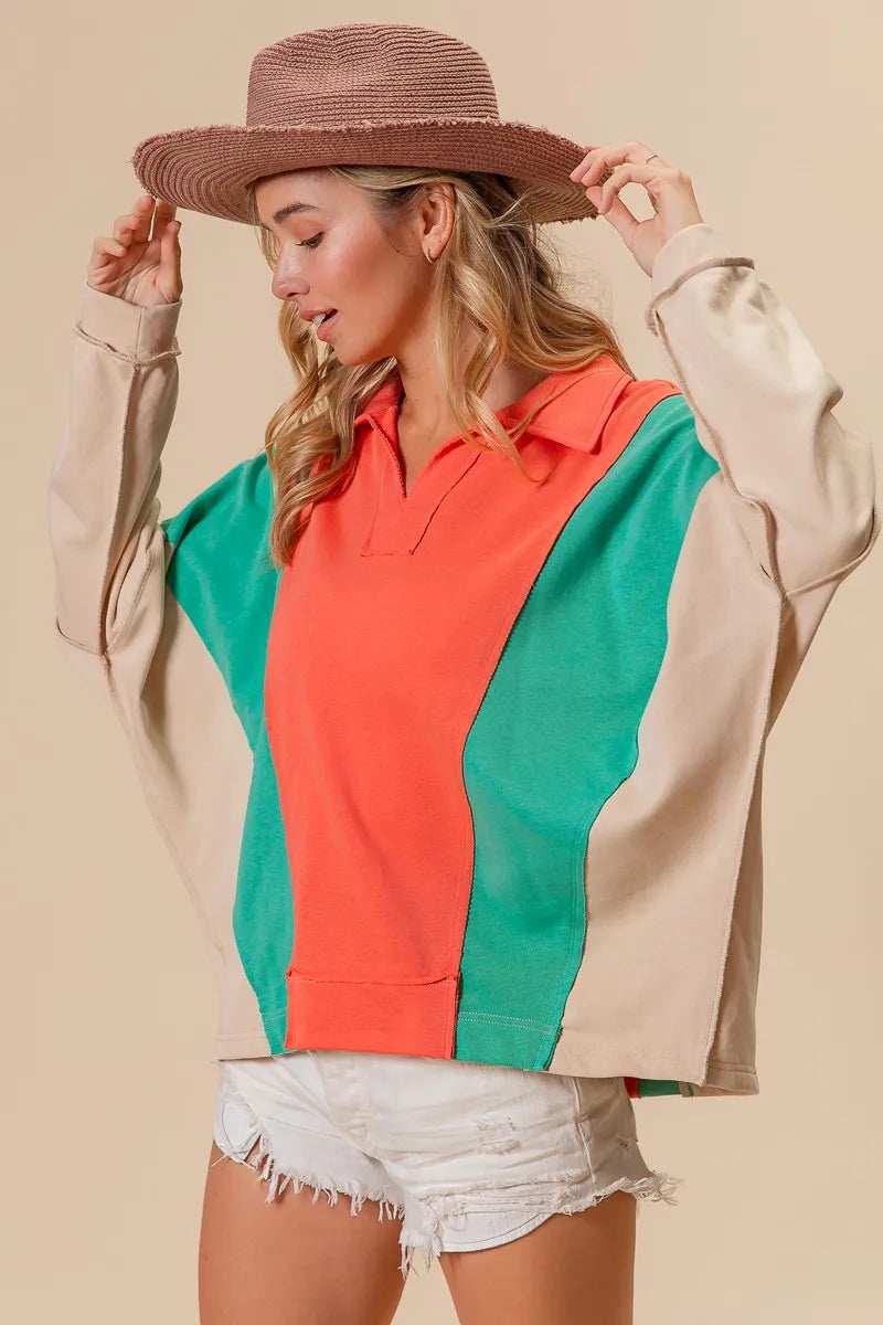BiBi Colorblock Exposed Seam French Terry Sweatshirt - Trendsi - Flyclothing LLC