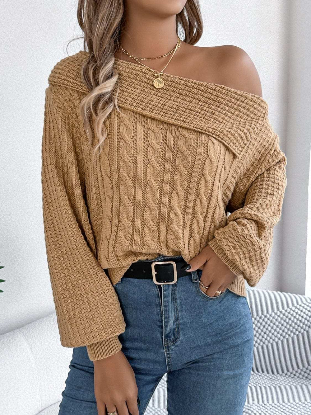 Cable-Knit One Shoulder Long Sleeve Sweater - Trendsi - Flyclothing LLC