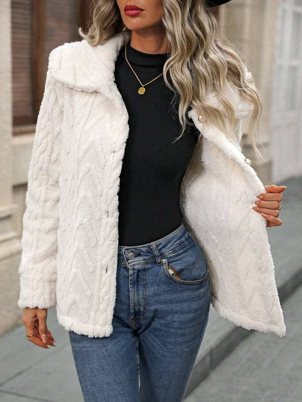 Fuzzy Texture Button Up Collared Neck Coat - Trendsi - Flyclothing LLC