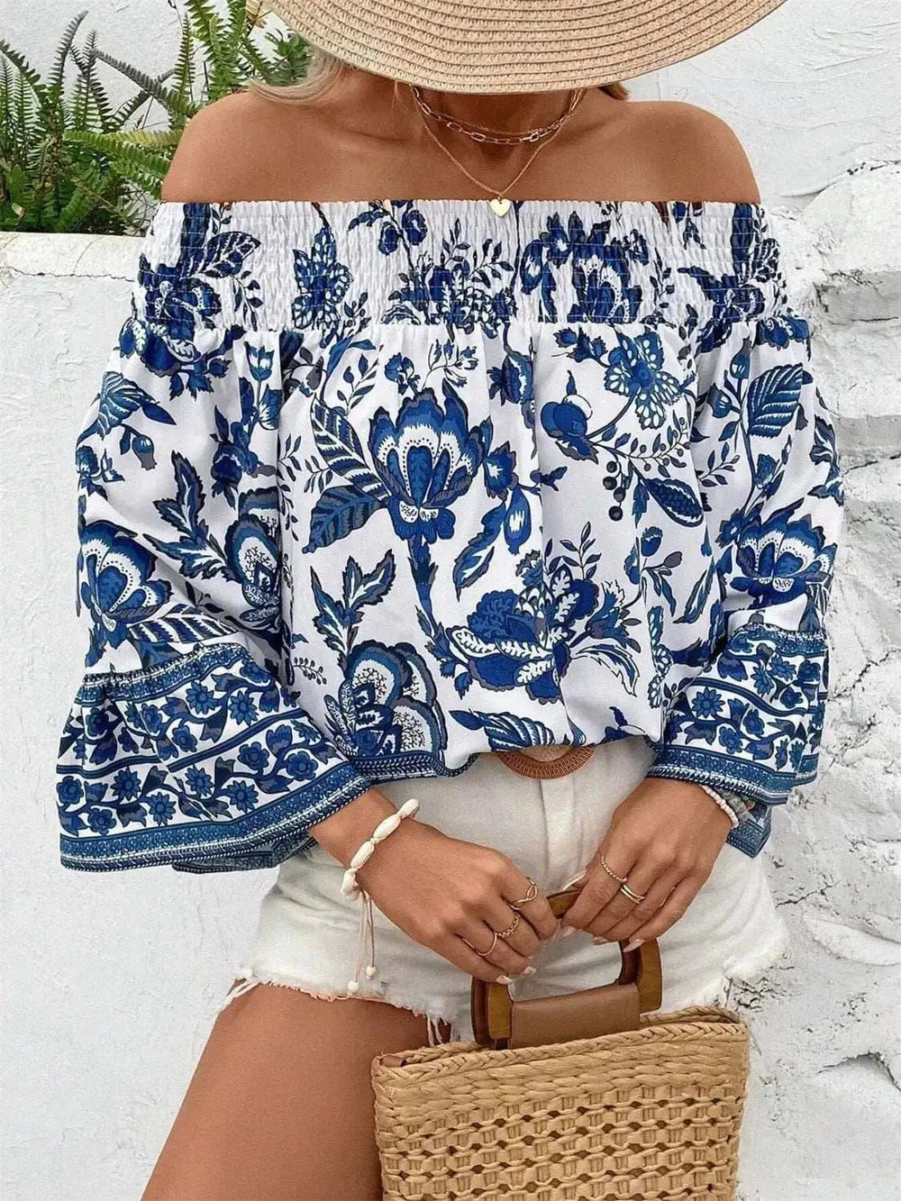 Smocked Printed Off-Shoulder Blouse - Trendsi - Flyclothing LLC