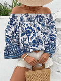Smocked Printed Off-Shoulder Blouse - Trendsi - Flyclothing LLC