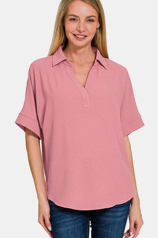 Zenana Texture Collared Neck Short Sleeve Top - Trendsi - Flyclothing LLC