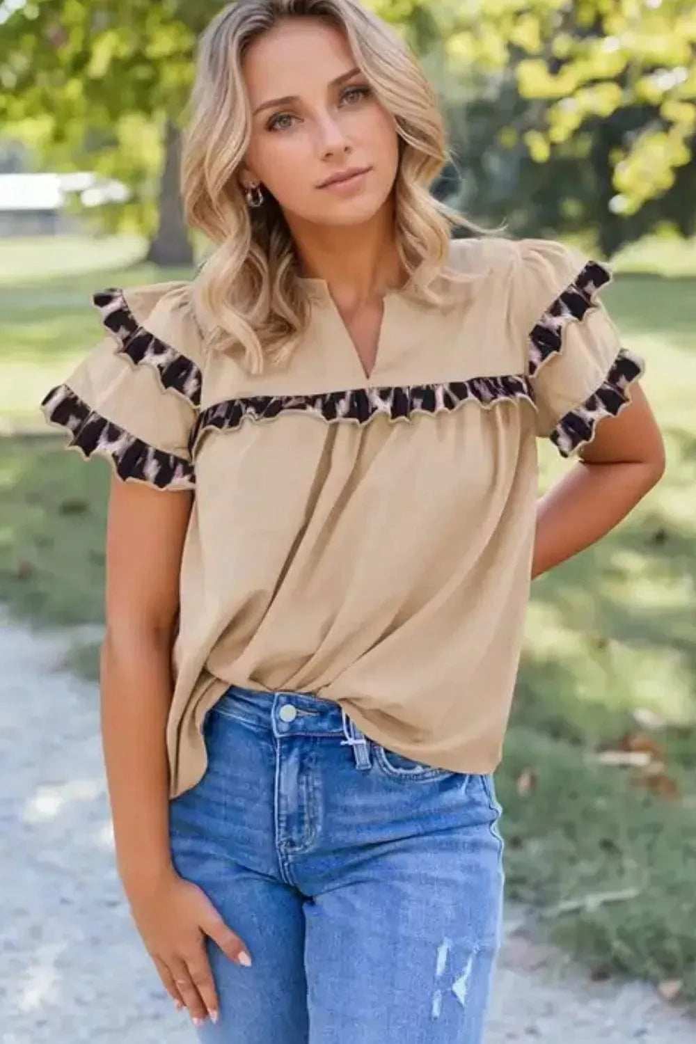 Leopard Frill Short Sleeve Blouse - Trendsi - Flyclothing LLC