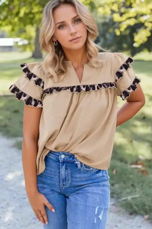 Leopard Frill Short Sleeve Blouse - Trendsi - Flyclothing LLC