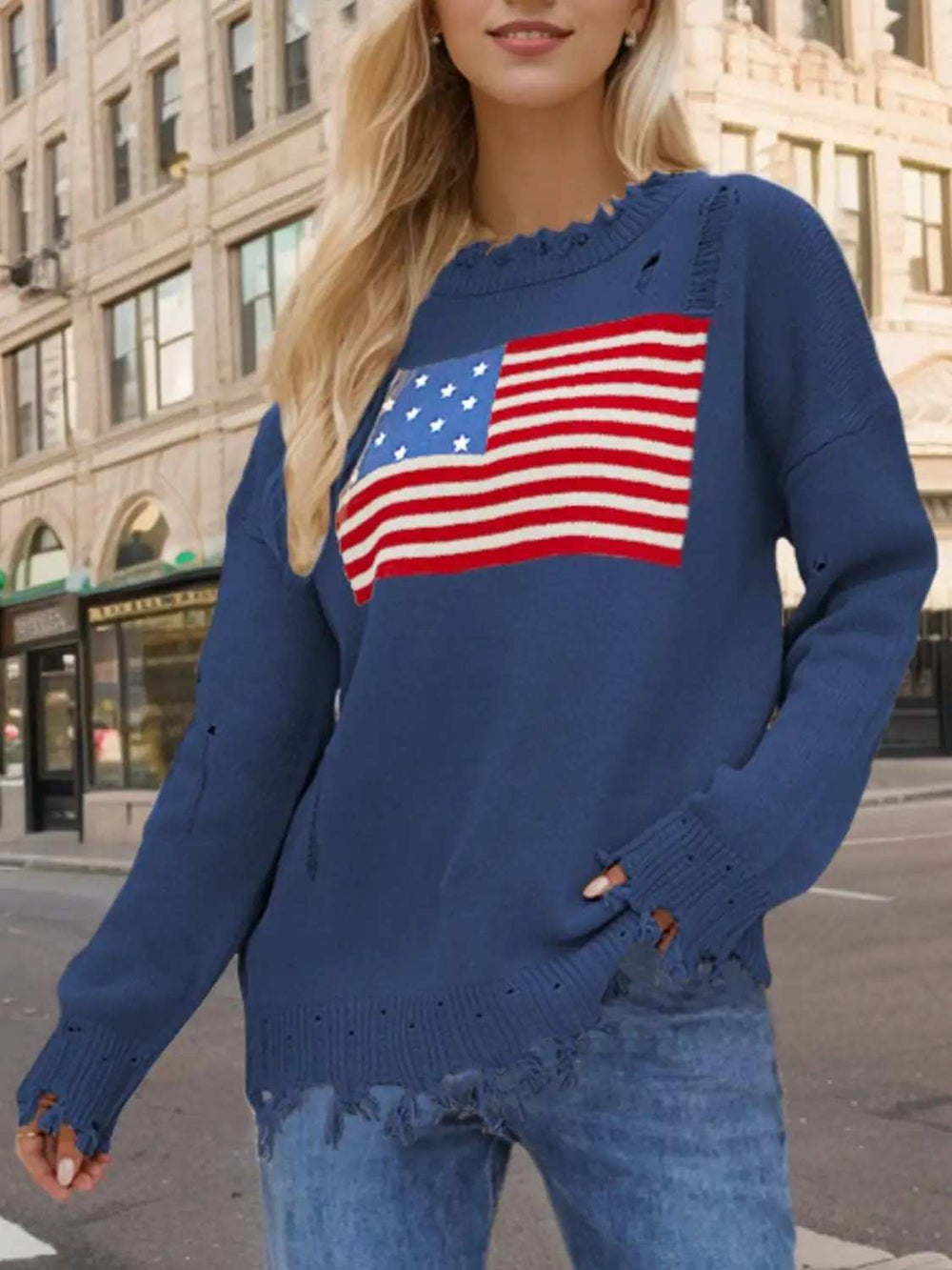 US Flag Distressed Round Neck Long Sleeve Sweater - Trendsi - Flyclothing LLC