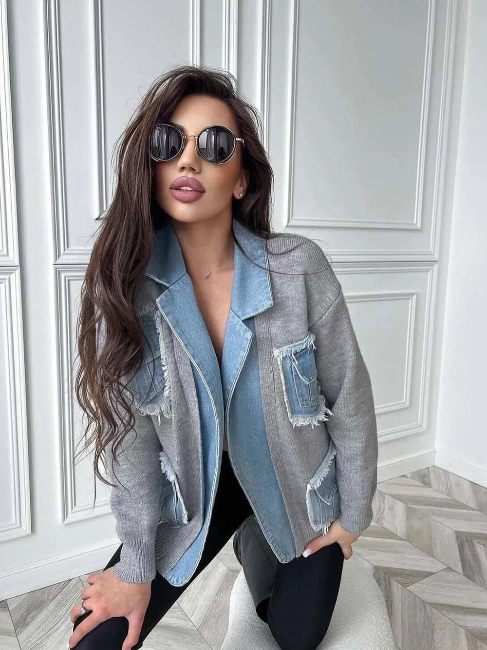 Raw Hem Denim Pocket Patchwork Cardigan - Trendsi - Flyclothing LLC