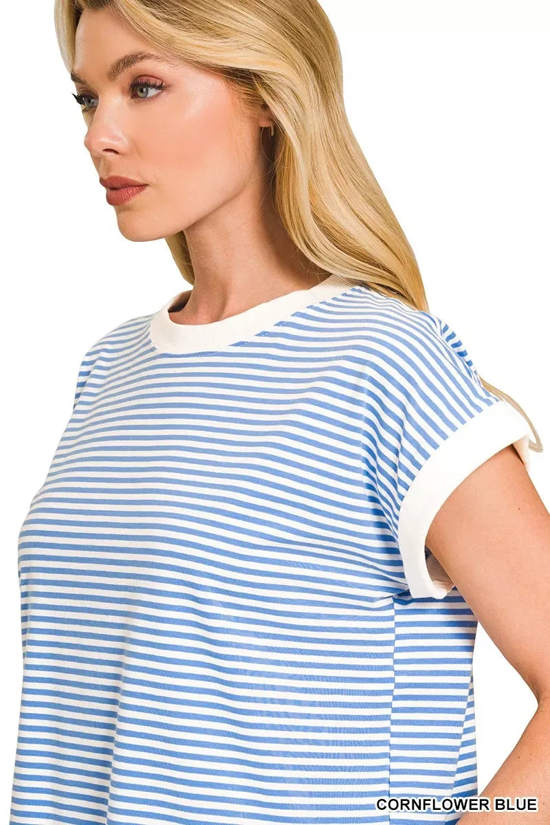 Zenana Striped Round Neck Short Sleeve Contrast Trim T-Shirt - Trendsi - Flyclothing LLC