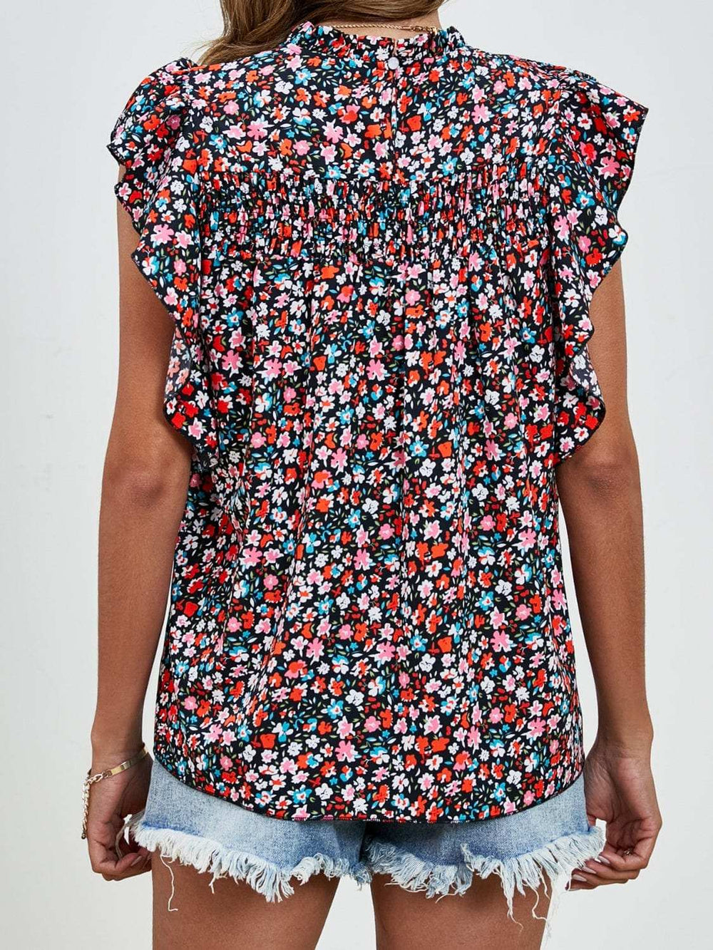 Ruffled Ditsy Floral Mock Neck Cap Sleeve Blouse - Trendsi - Flyclothing LLC