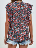 Ruffled Ditsy Floral Mock Neck Cap Sleeve Blouse - Trendsi - Flyclothing LLC