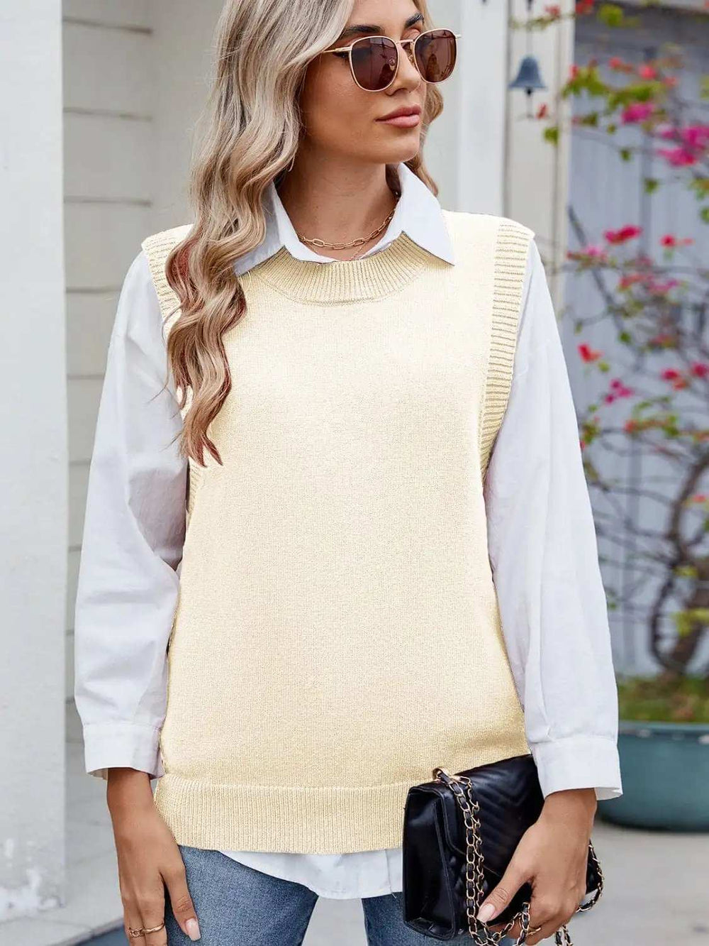 Buttoned Round Neck Sweater Vest - Trendsi - Flyclothing LLC
