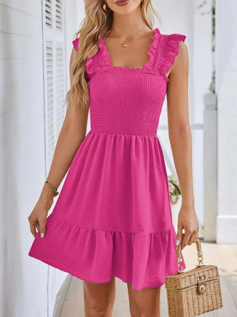 Smocked Square Neck Wide Strap Dress - Trendsi - Flyclothing LLC