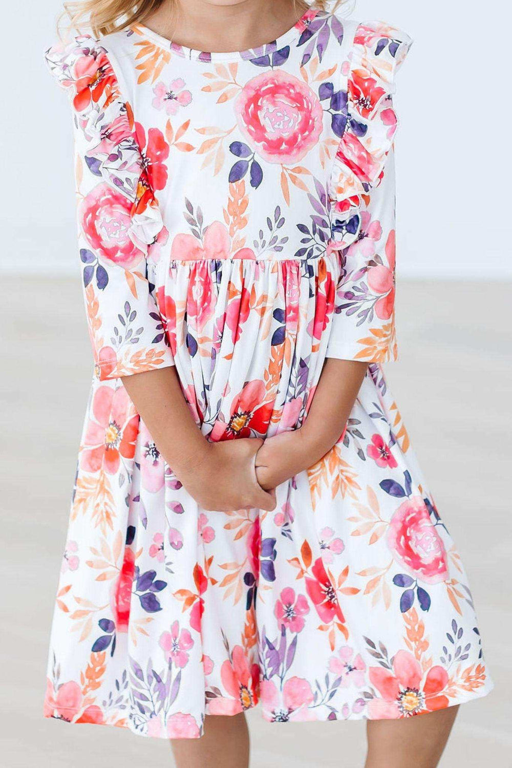 Tangerine Leaves 3/4 Sleeve Ruffle Twirl Dress - Mila & Rose ® - Flyclothing LLC