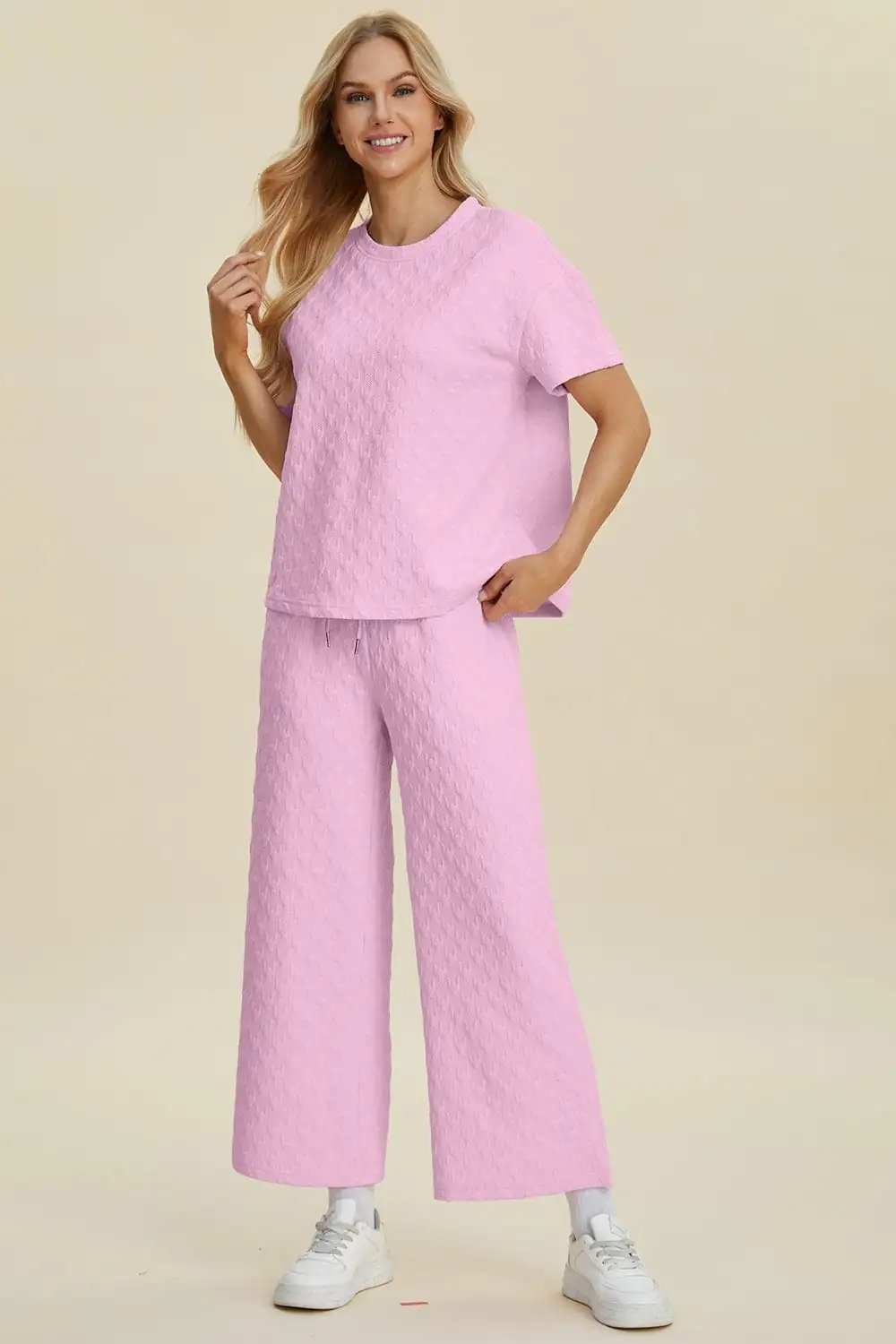 Double Take Full Size Texture Round Neck Short Sleeve Top and Pants Set - Trendsi - Flyclothing LLC
