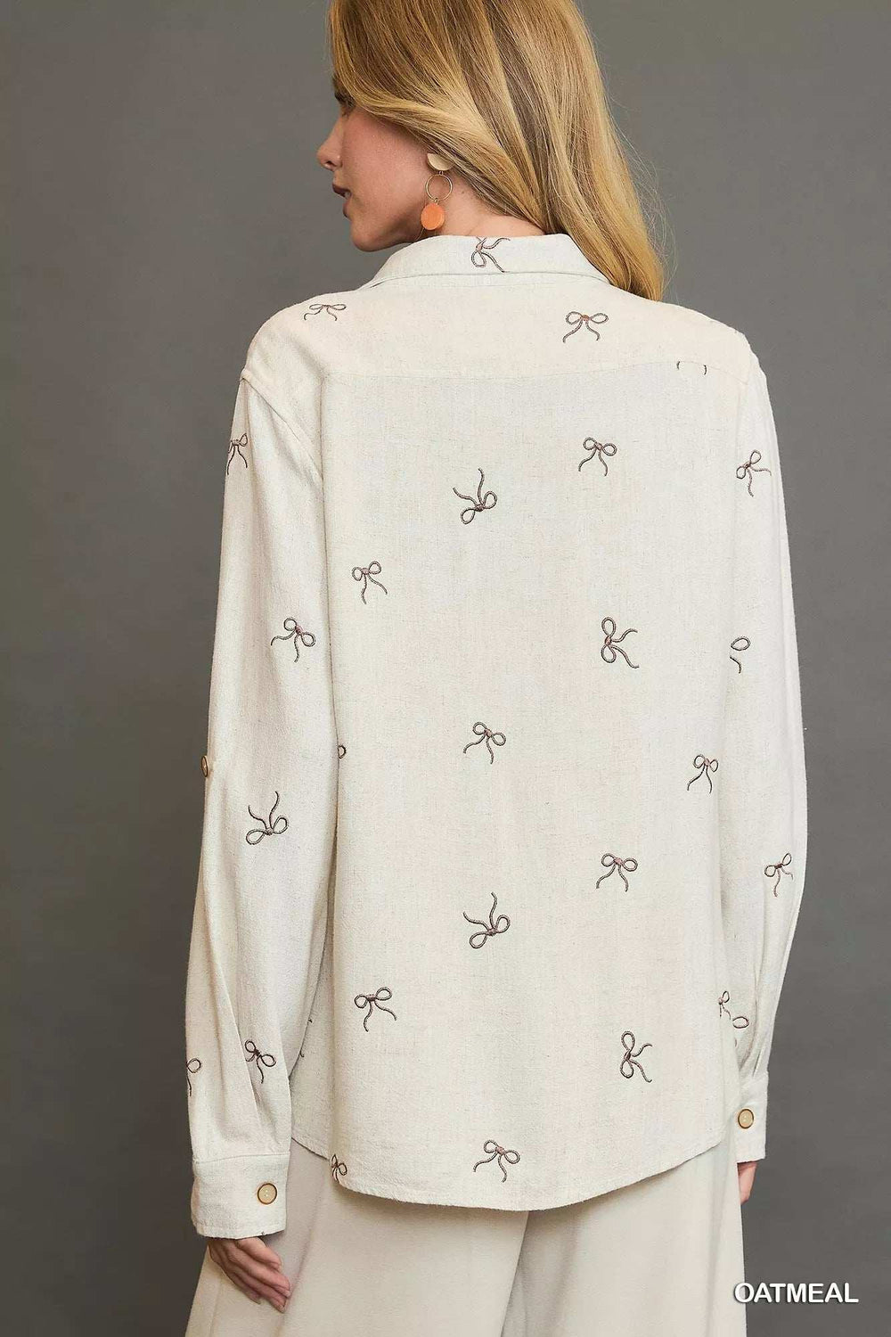 Umgee Linen Blend Fitted Shirt with Ribbon Embroidery Details - Trendsi - Flyclothing LLC