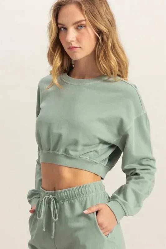 HYFVE Crew Neck Long Sleeve Crop Sweatshirt - Trendsi - Flyclothing LLC
