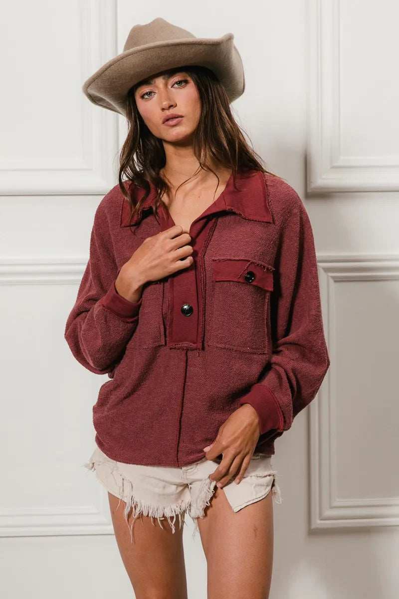 BiBi Cp French Terry Cut Edge Detail Collared Top - Trendsi - Flyclothing LLC