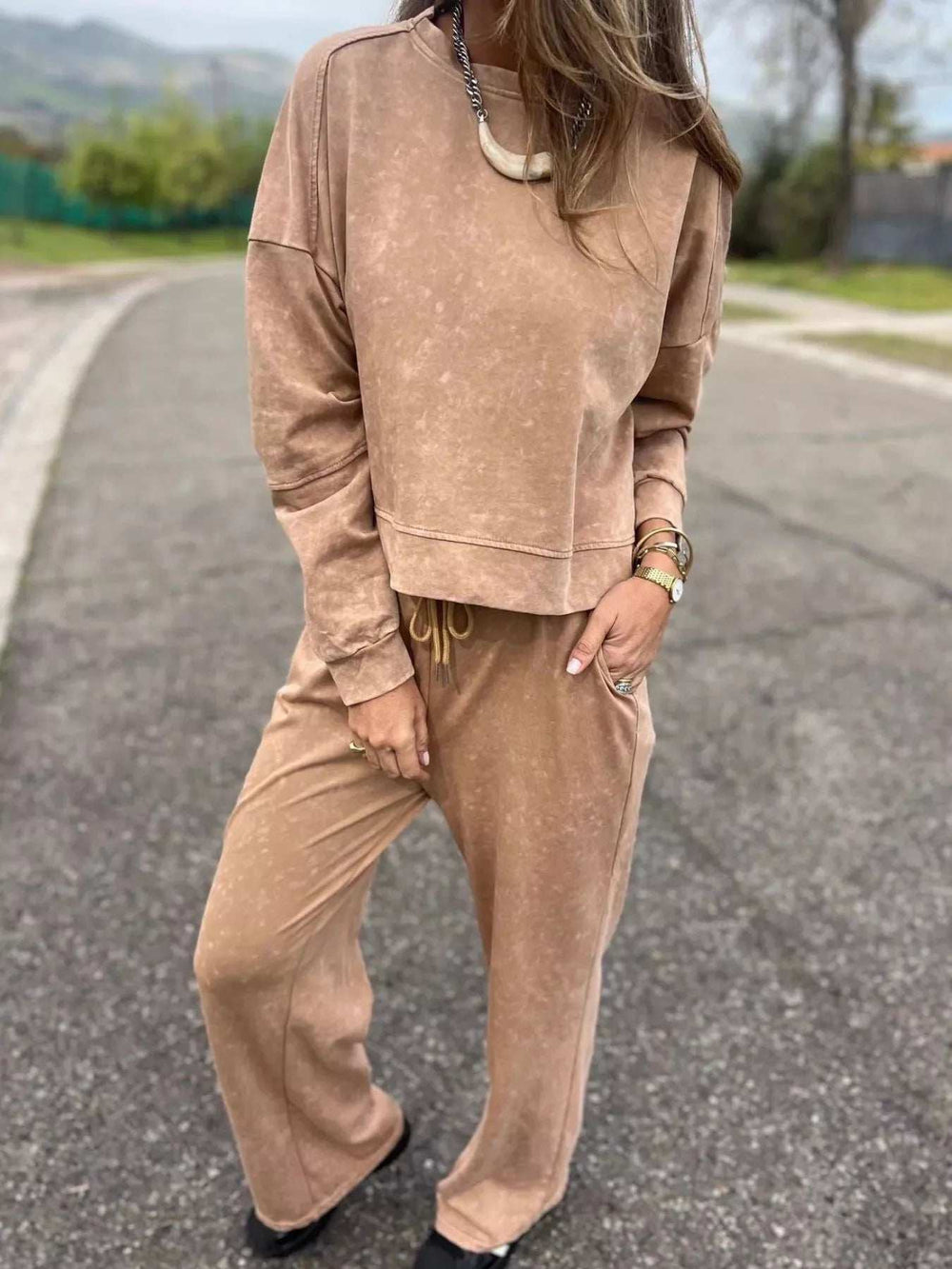 Full Size Washed Round Neck Top and Drawstring Pants Set Plus Size - Trendsi - Flyclothing LLC