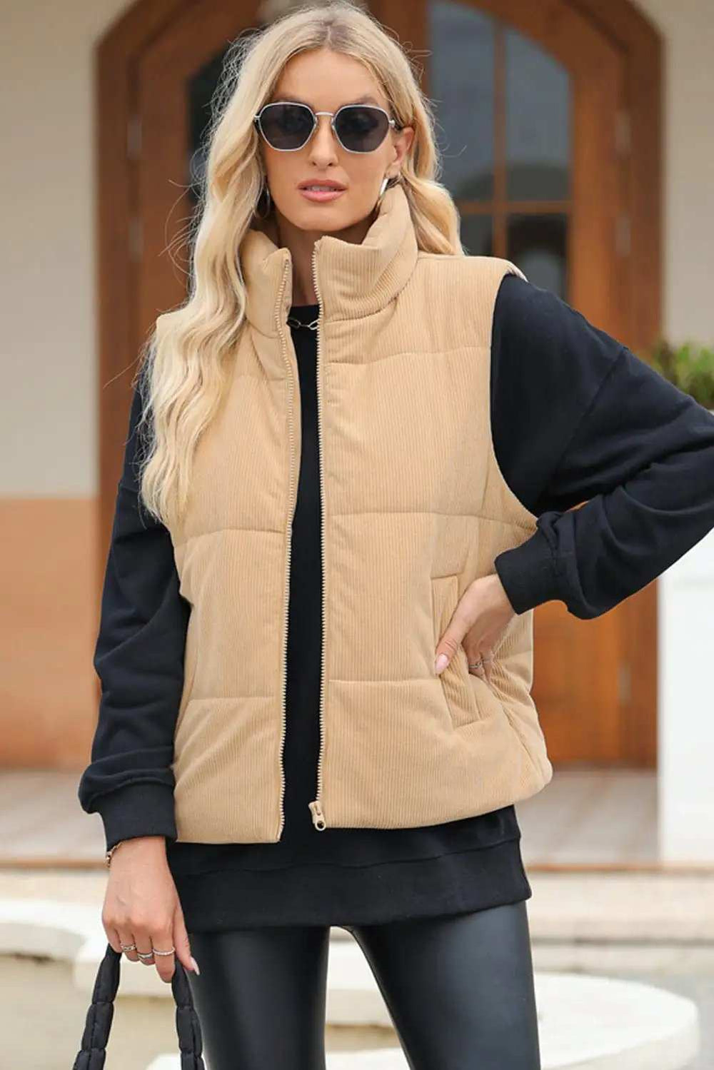 Pocketed Zip Up Turtleneck Vest Coat - Trendsi - Flyclothing LLC