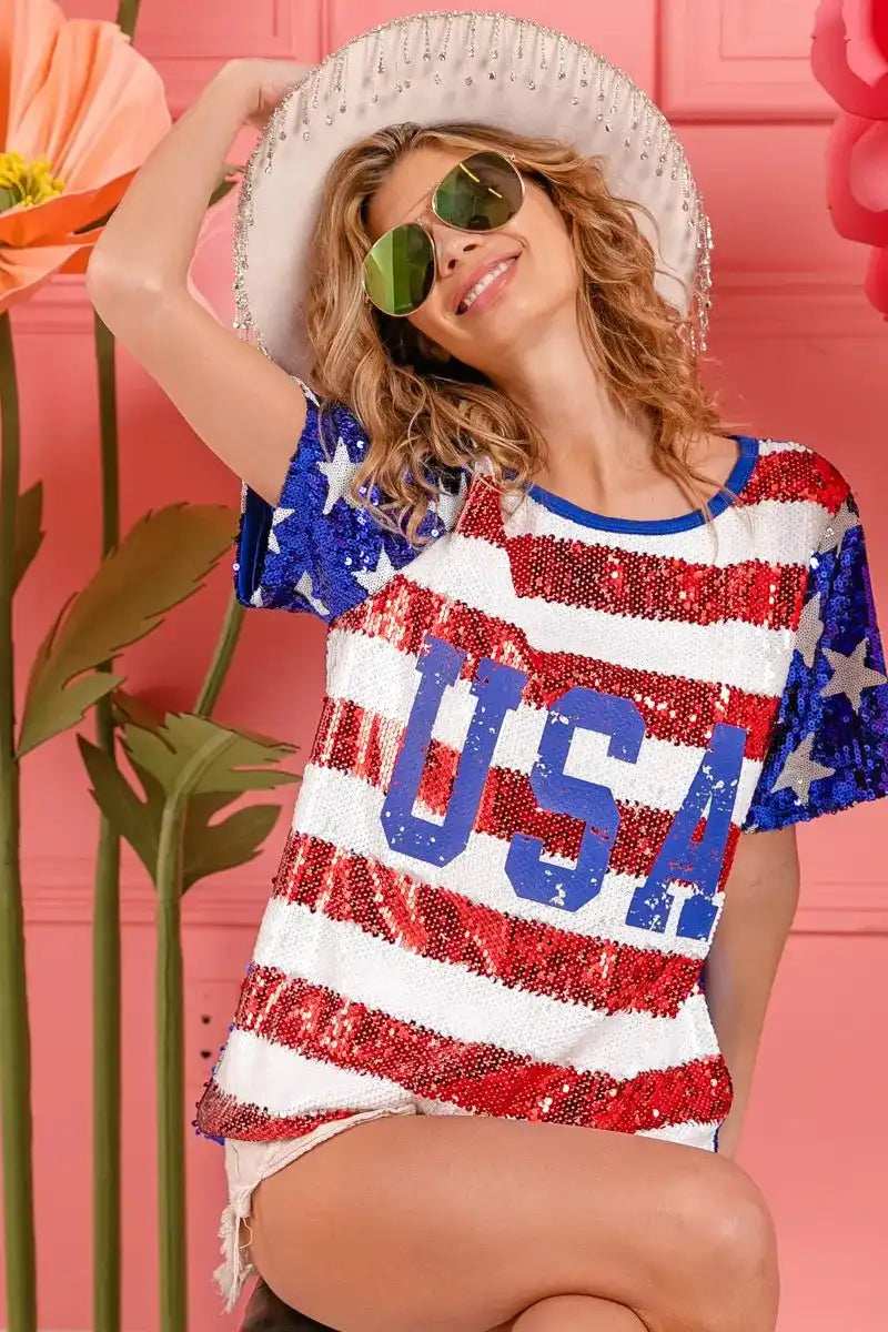 BiBi American Flag Theme USA Lettering Sequin Top - Trendsi - Flyclothing LLC