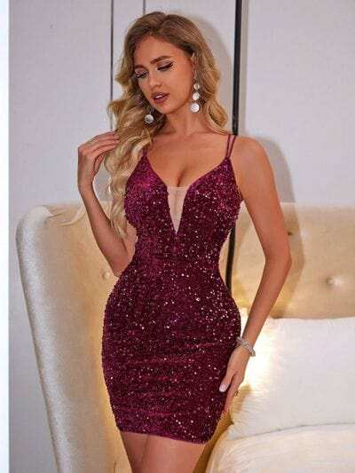 Lace-Up Sequin Plunge Sleeveless Dress - Trendsi - Flyclothing LLC