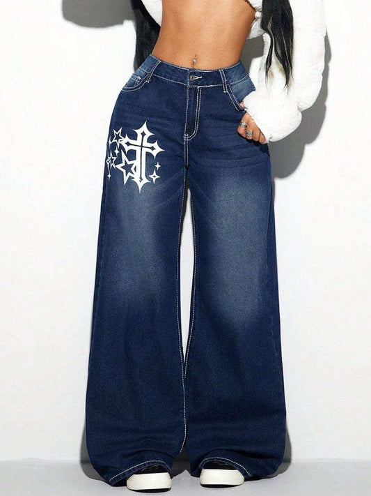Cross Wide Leg Jeans - Trendsi - Flyclothing LLC