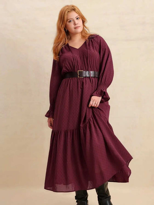 Plus Size Swiss Dot Tie Neck Flounce Sleeve Maxi Dress - Trendsi - Flyclothing LLC