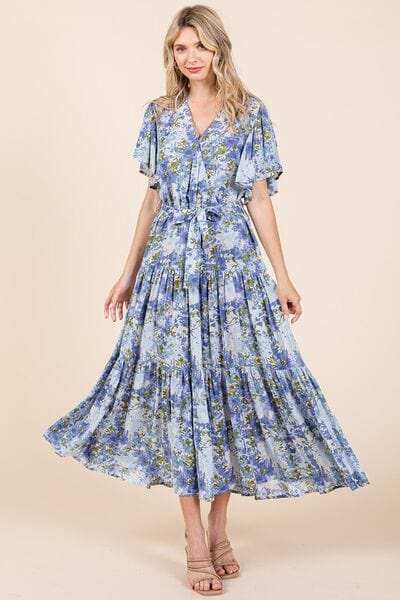 Mittoshop Floral Tie Waist Flutter Sleeve Tiered Dress - Trendsi - Flyclothing LLC