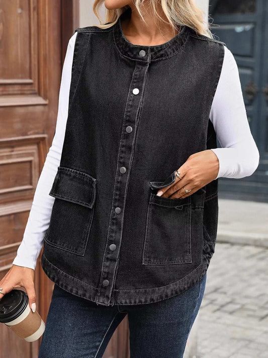 Snap Down Sleeveless Denim Jacket - Trendsi - Flyclothing LLC