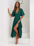 Tiered Surplice Half Sleeve Midi Dress - Trendsi - Flyclothing LLC