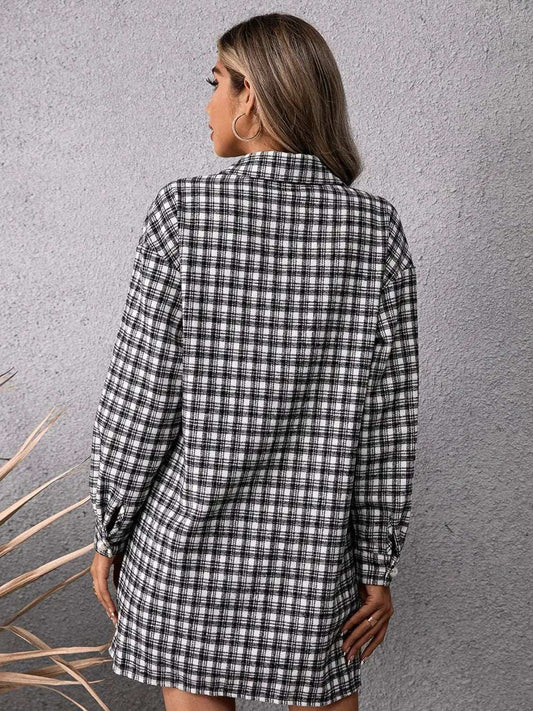 Pocketed Plaid Long Sleeve Mini Dress - Trendsi - Flyclothing LLC