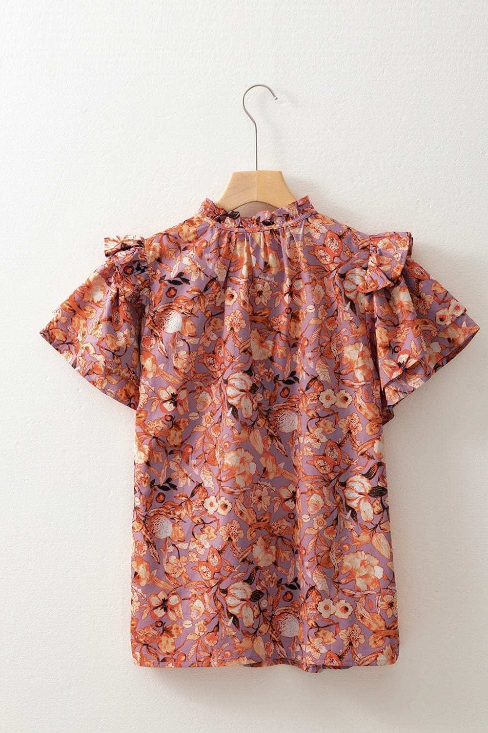 Floral Ruffled Layered Short Sleeve Tie Neck Blouse - Trendsi - Flyclothing LLC