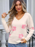 Flower V-Neck Long Sleeve Sweater - Trendsi - Flyclothing LLC