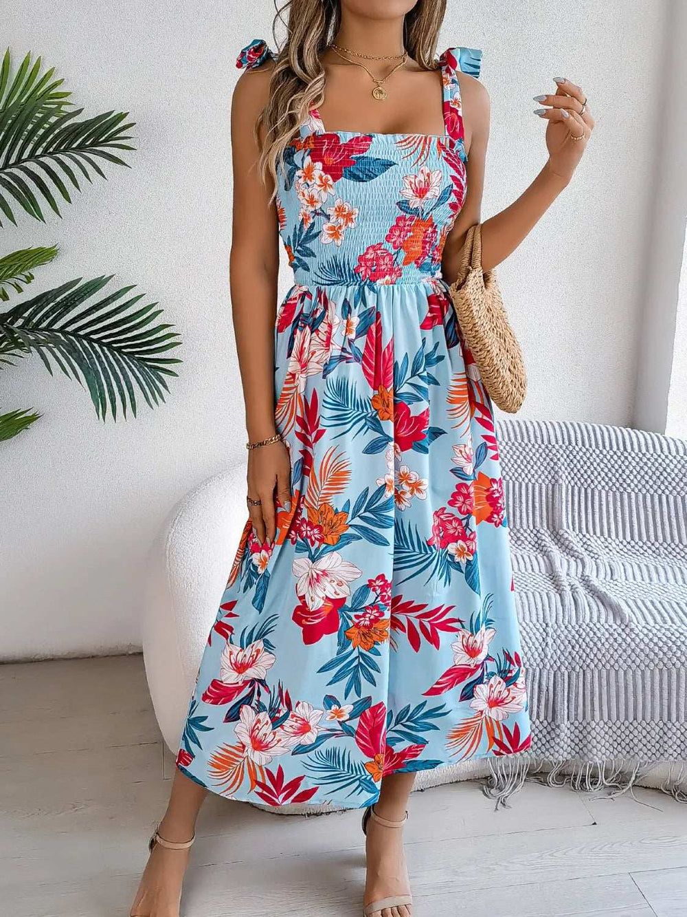 Smocked Floral Tie Shoulder Midi Dress - Trendsi - Flyclothing LLC