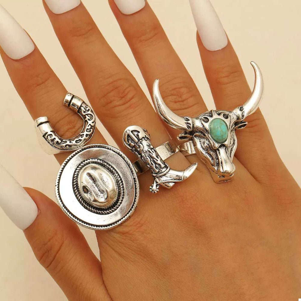 4 Piece Vintage Western Style Bull Head Rings - Trendsi - Flyclothing LLC