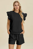 Double Take Full Size Texture Round Neck Ruffle Sleeve Top and Shorts Set - Trendsi - Flyclothing LLC