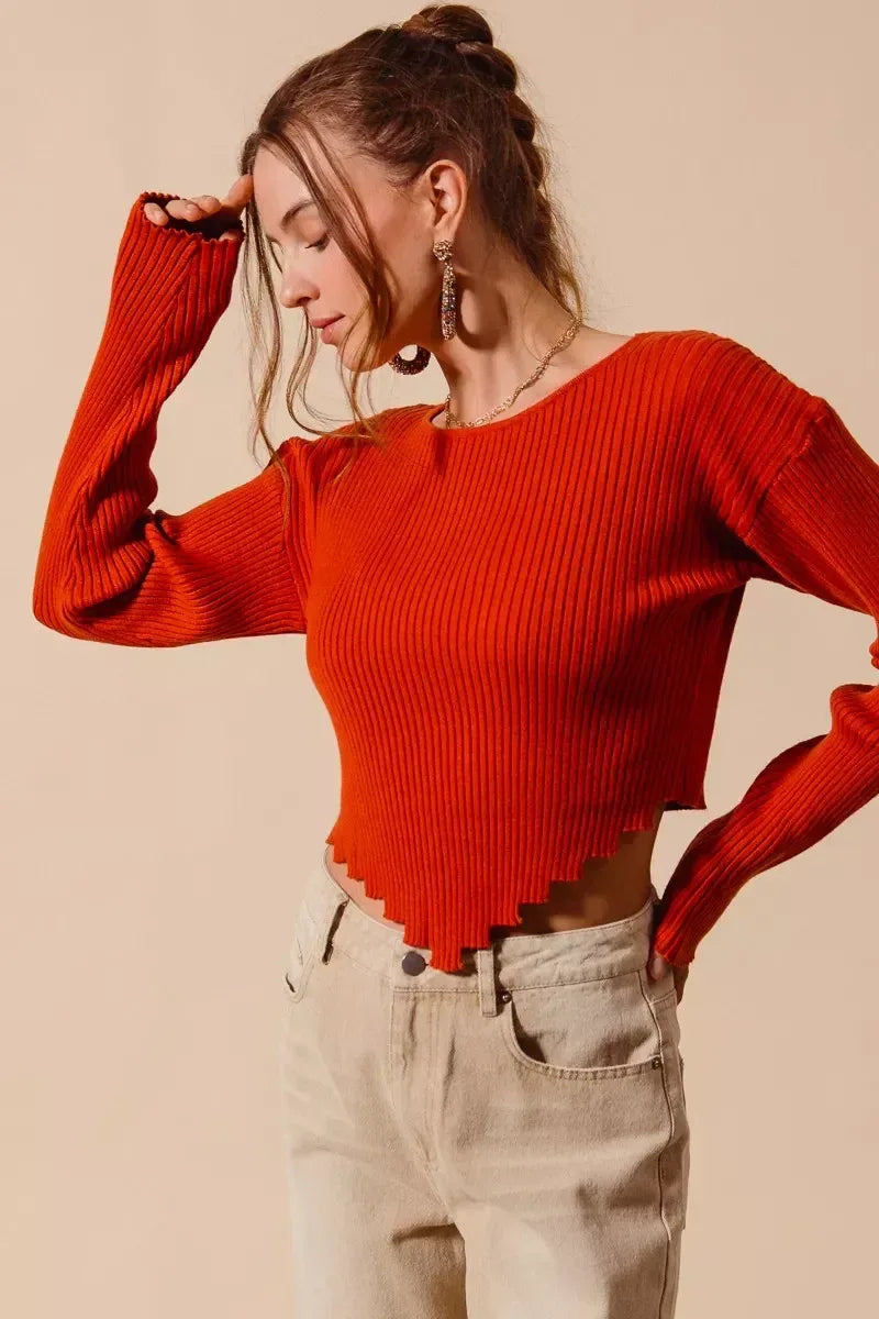 SO ME Rib Knitted Crop Sweater Top With Shaped Hem - Trendsi - Flyclothing LLC