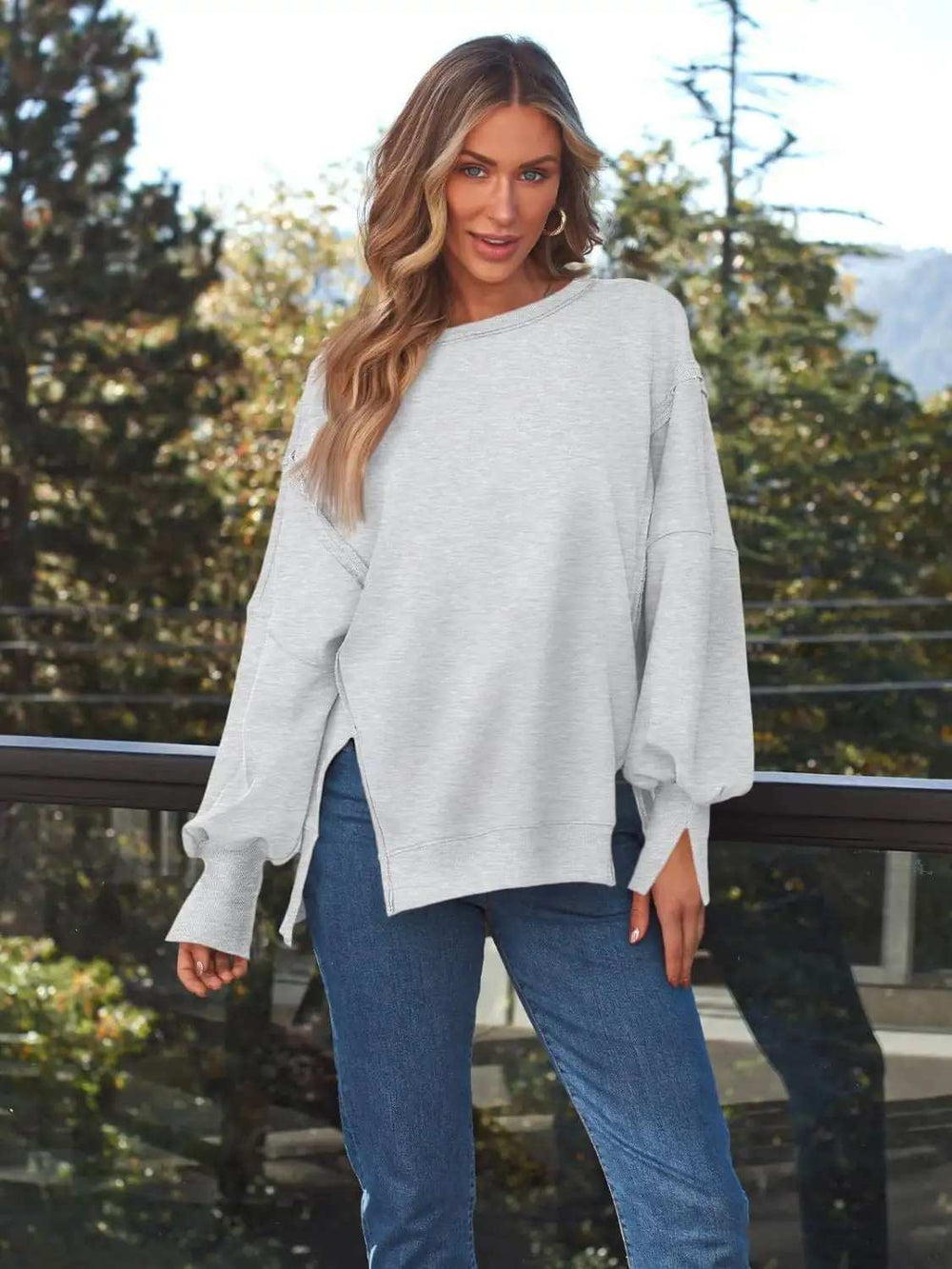 Slit Round Neck Long Sleeve Sweatshirt - Trendsi - Flyclothing LLC