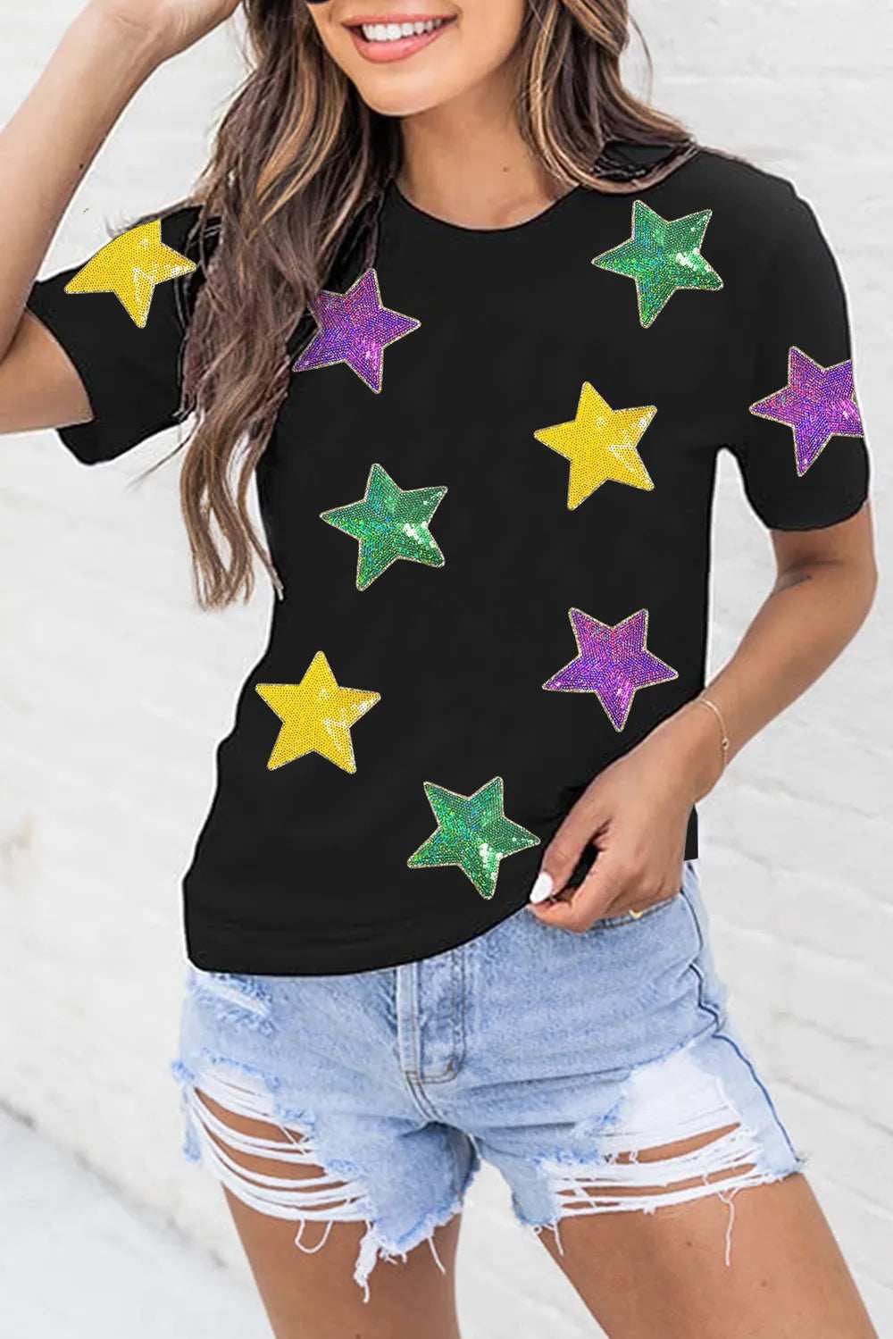 Sequin Stars Patched Round Neck T-Shirt - Trendsi - Flyclothing LLC