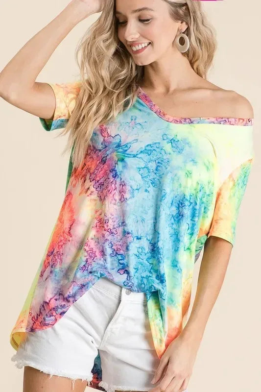 BiBi Tie Dye Print Jersey V Neck Top - Trendsi - Flyclothing LLC