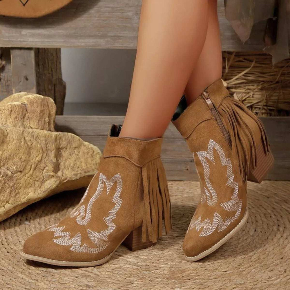 Fringe Point Toe Block Heels Boots - Trendsi - Flyclothing LLC