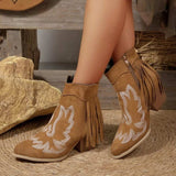 Fringe Point Toe Block Heels Boots - Trendsi - Flyclothing LLC