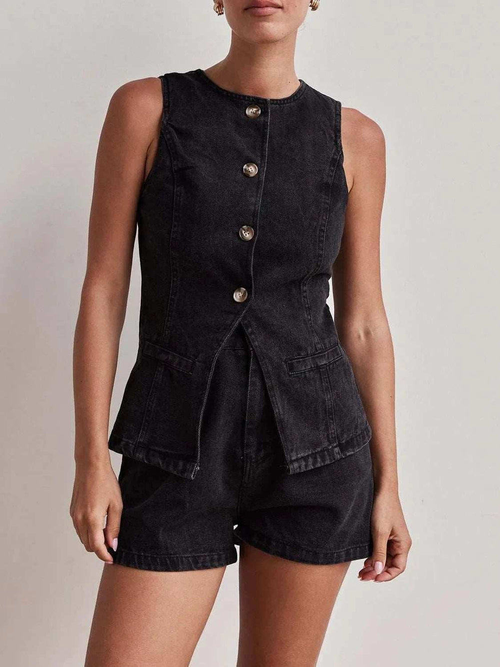 Button Down Vest and Shorts Denim Set - Trendsi - Flyclothing LLC