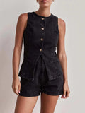 Button Down Vest and Shorts Denim Set - Trendsi - Flyclothing LLC
