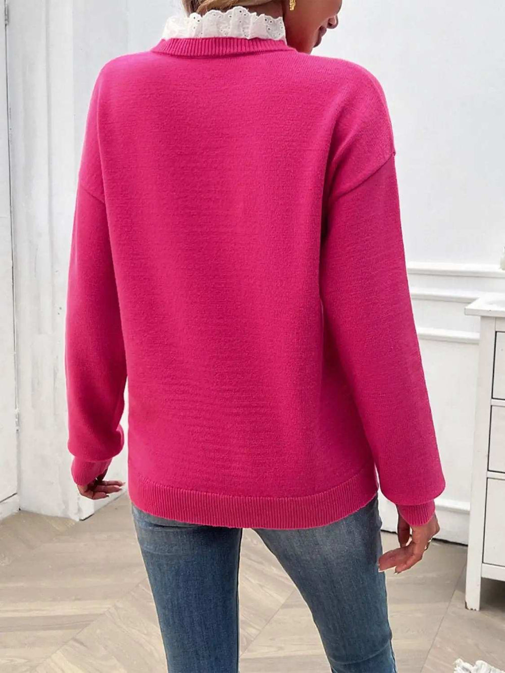 Lace Detail Notched Long Sleeve Sweater - Trendsi - Flyclothing LLC